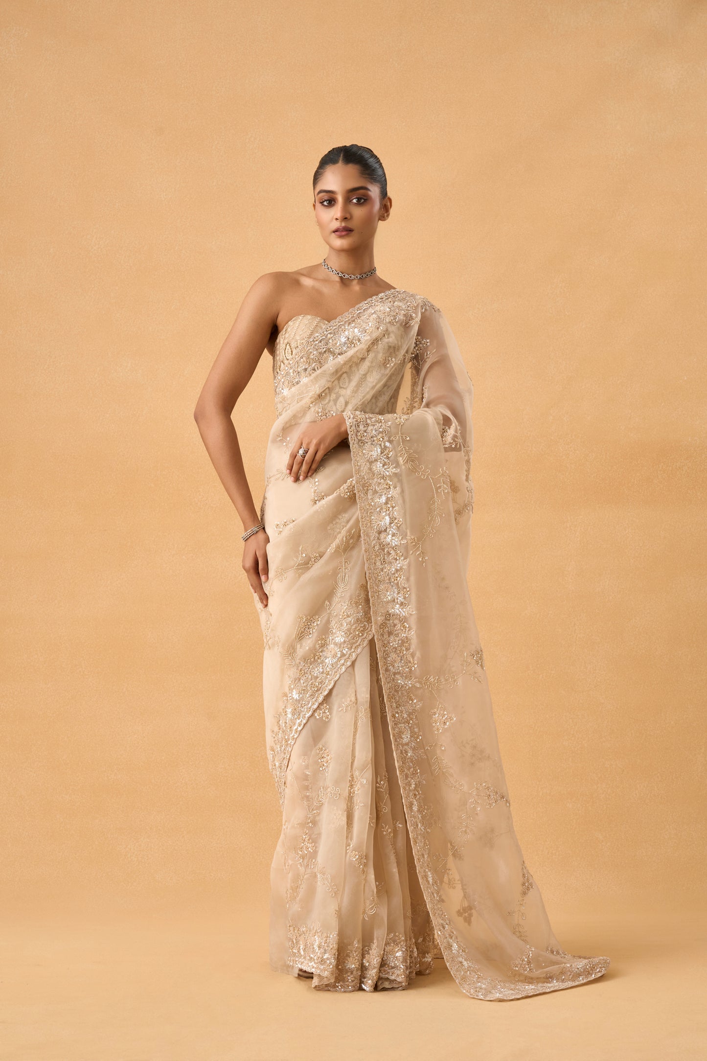 Golden Organza Saree With Cutdana and Sequins Work