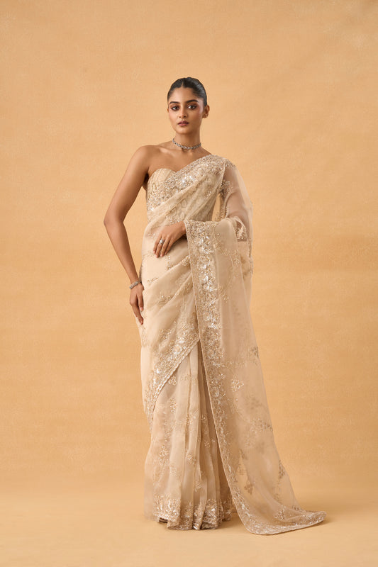 Golden Organza Saree With Cutdana and Sequins Work
