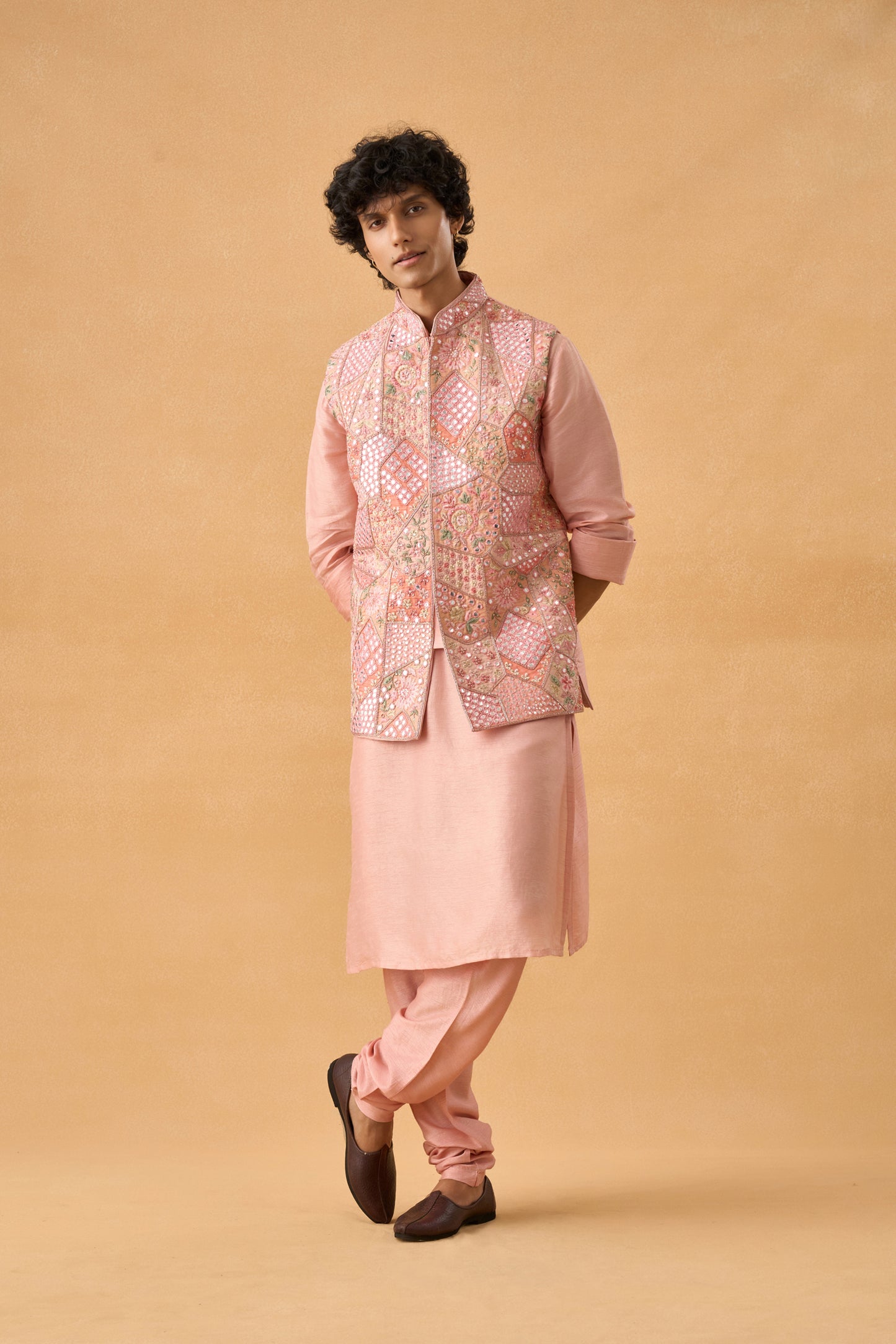 Pink Mirror Work Kurta Bandi Set