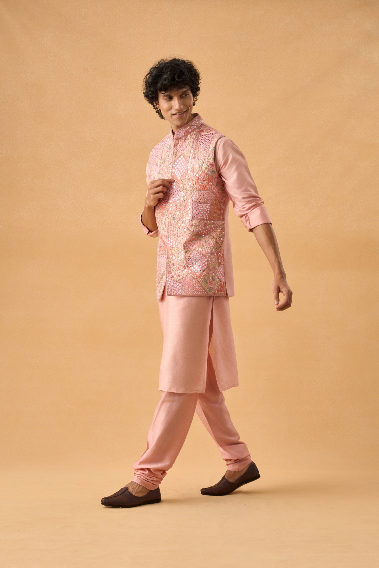 Pink Mirror Work Kurta Bandi Set