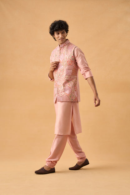Pink Mirror Work Kurta Bandi Set