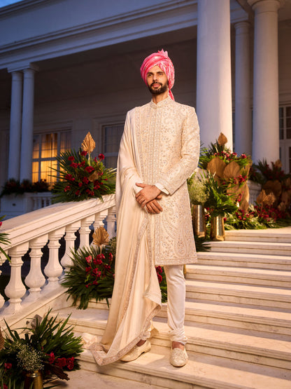 Cream Paisley Raw Silk Sherwani Set With Golden Zardosi Work