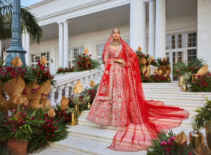 Red Coloured Bridal Motif Hand Work Lehenga