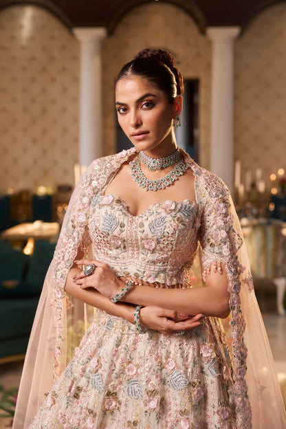 3D Embriodered Offwhite Floral Lehenga