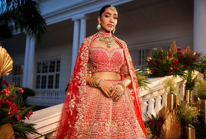 Red Colour Bridal Lehenga With Intricate Knots & Zardosi Work