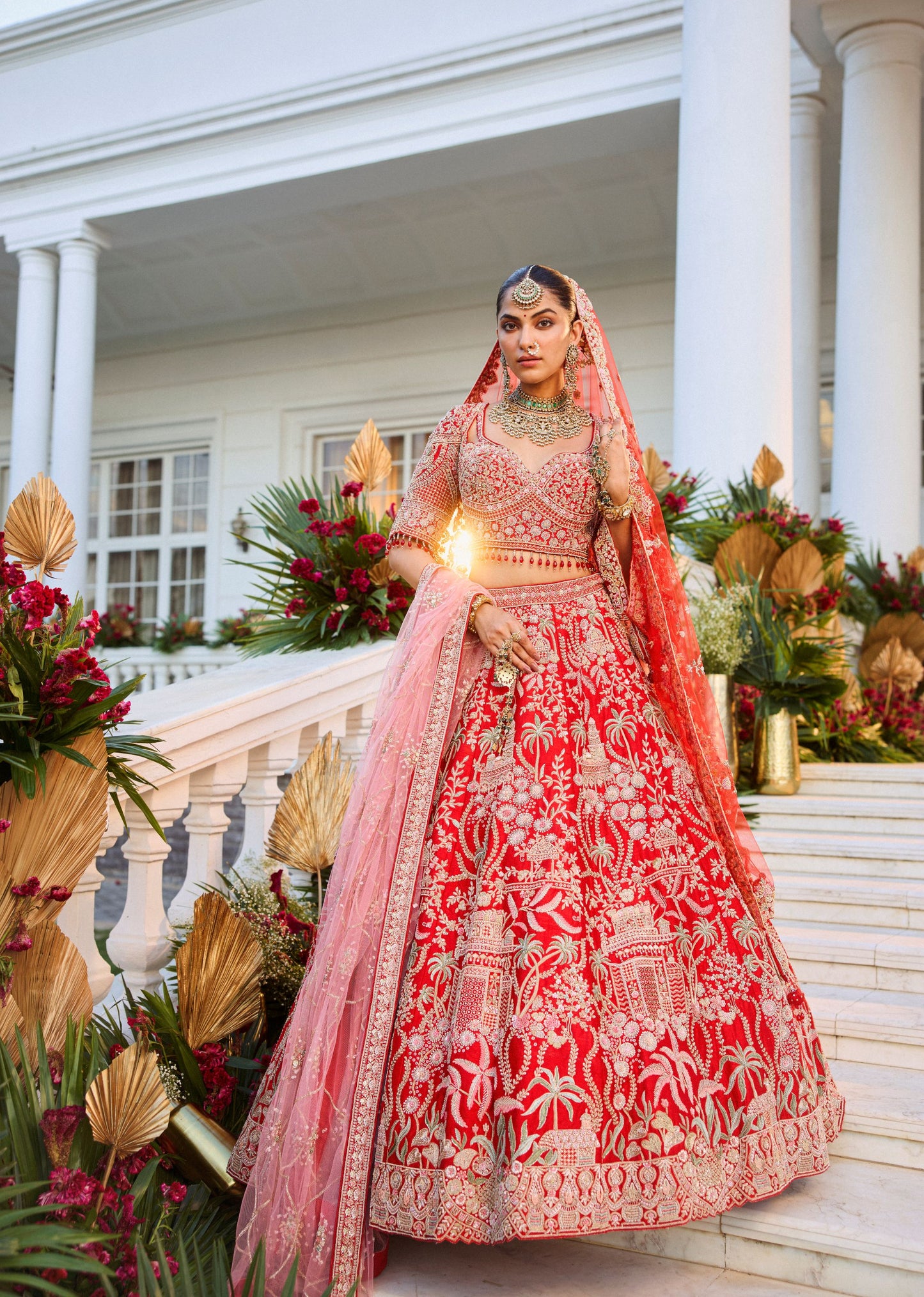 Red Colour Floral Motif Hand Embroidered Bridal Lehenga