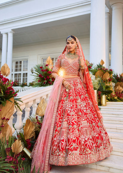 Red Colour Floral Motif Hand Embroidered Bridal Lehenga