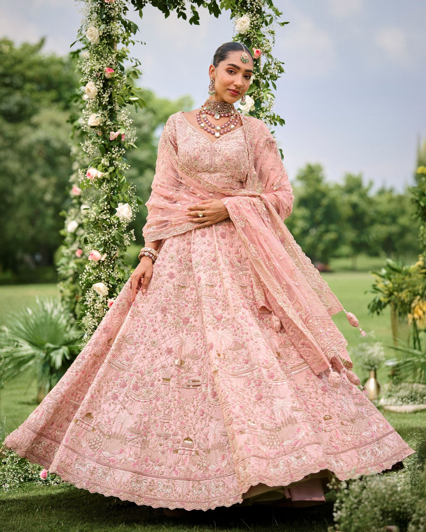 Pink Raw Silk Wedding Lehenga With Hand Embriodry Work