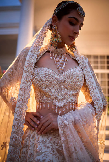 Off-White Heavy Zardosi Work Lehenga With Bird Motif