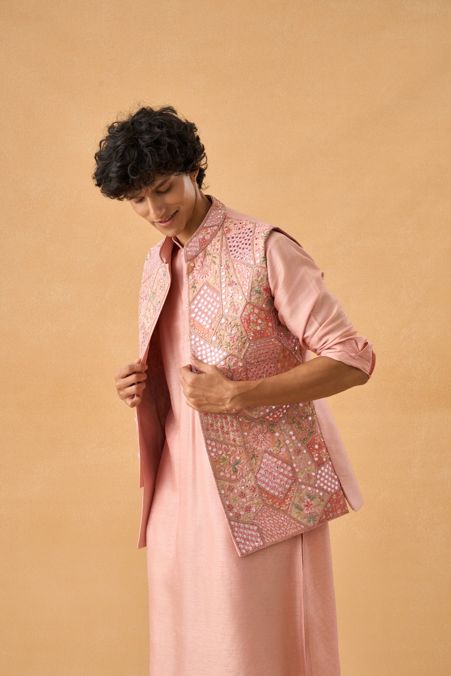 Pink Mirror Work Kurta Bandi Set