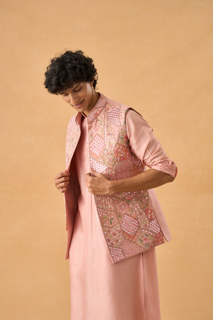 Pink Mirror Work Kurta Bandi Set