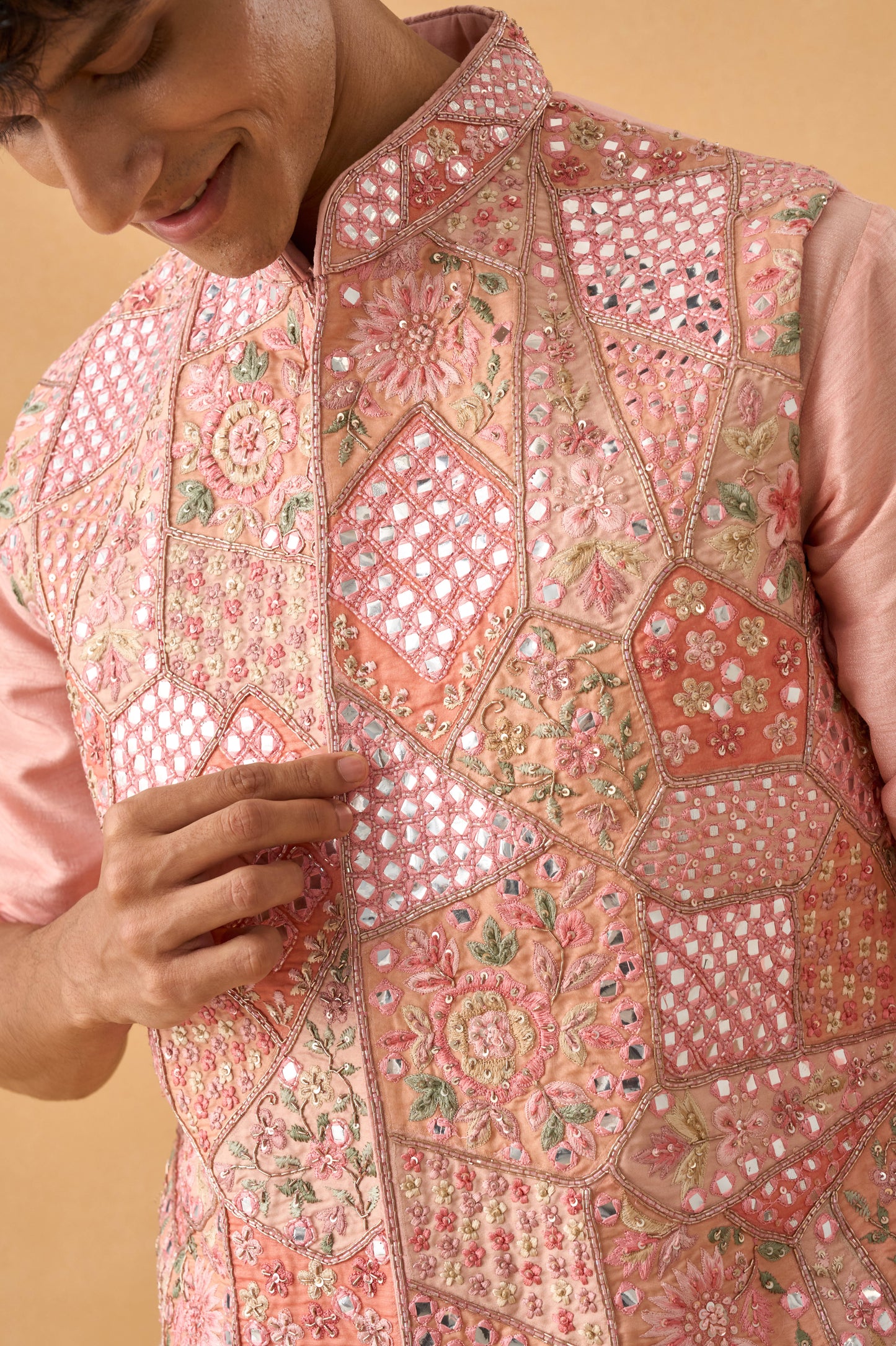 Pink Mirror Work Kurta Bandi Set