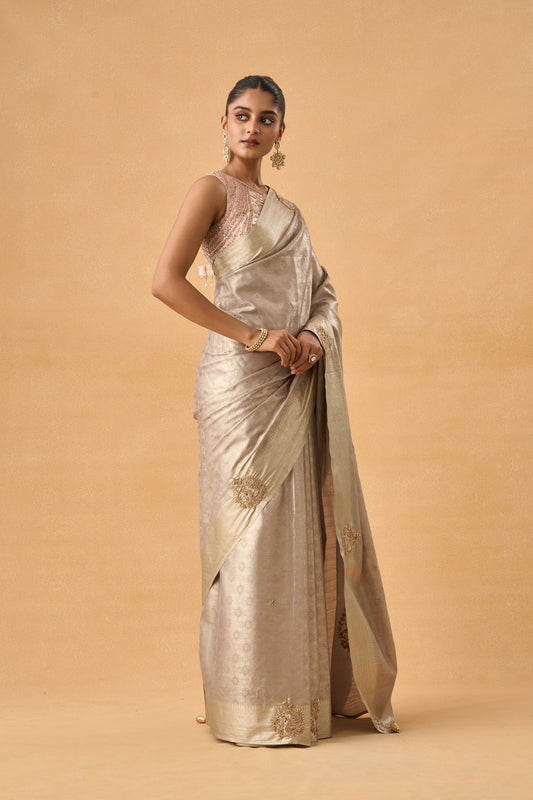 Silver Kanjeevaram Silk Saree With Zardosi and Resham Work