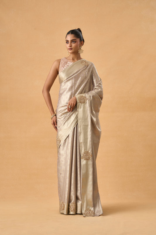 Silver Kanjeevaram Silk Saree With Zardosi and Resham Work