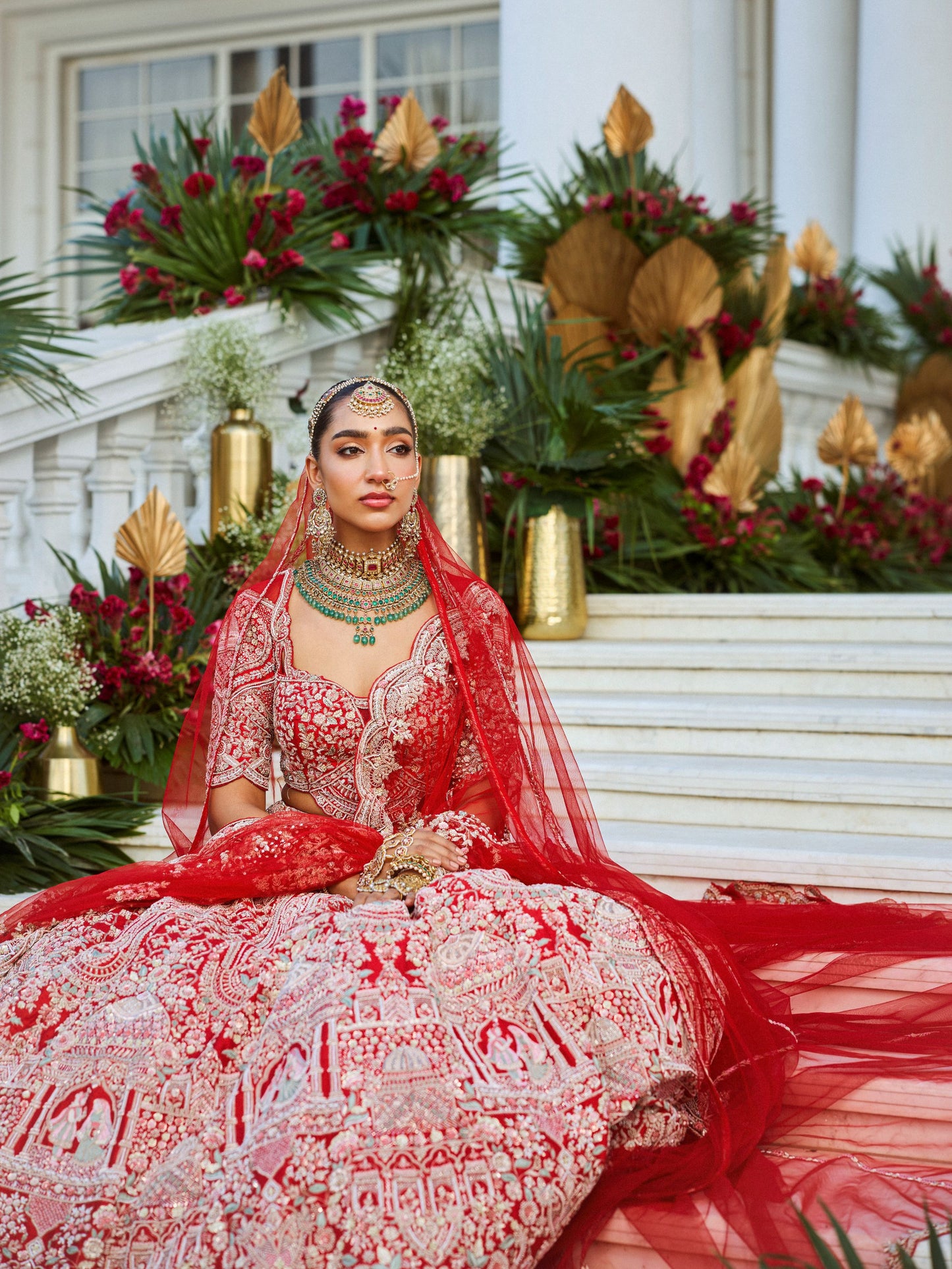 Red Coloured Bridal Motif Hand Work Lehenga