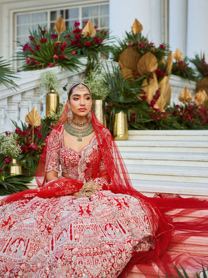 Red Coloured Bridal Motif Hand Work Lehenga