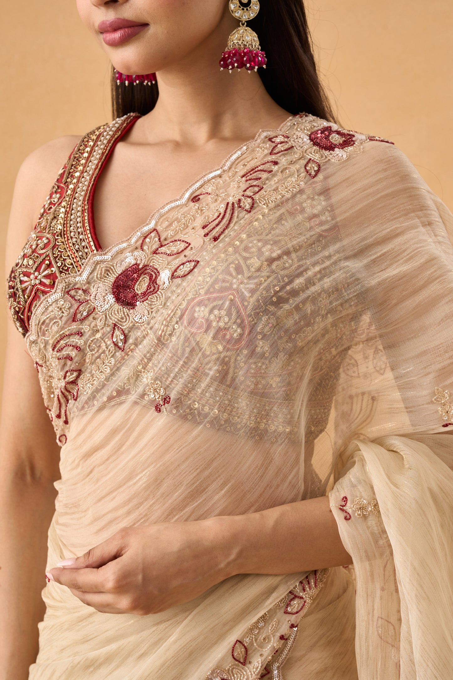 Golden Crushed Tissue Saree With Scallop Border