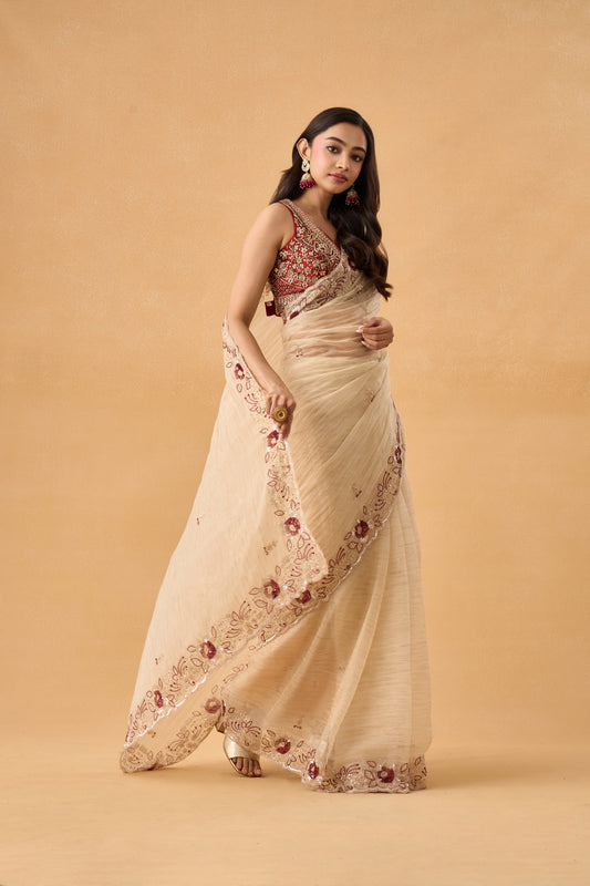 Golden Crushed Tissue Saree With Scallop Border
