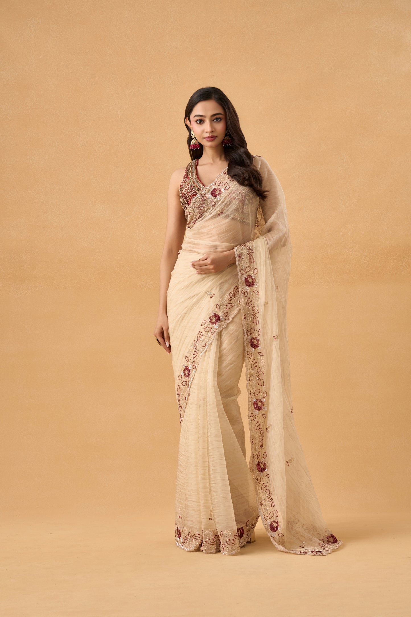 Golden Crushed Tissue Saree With Scallop Border