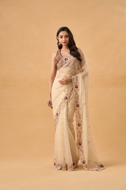 Golden Crushed Tissue Saree With Scallop Border
