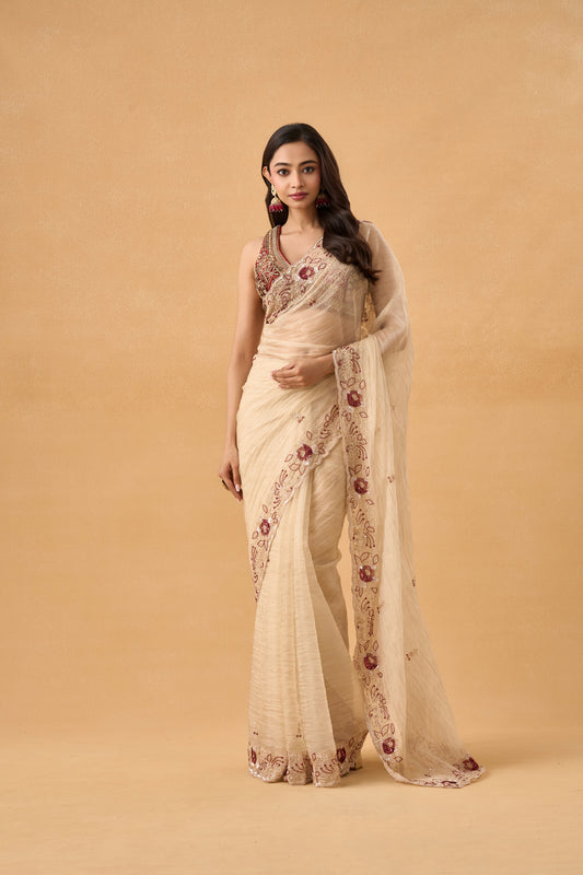 Golden Crushed Tissue Saree With Scallop Border