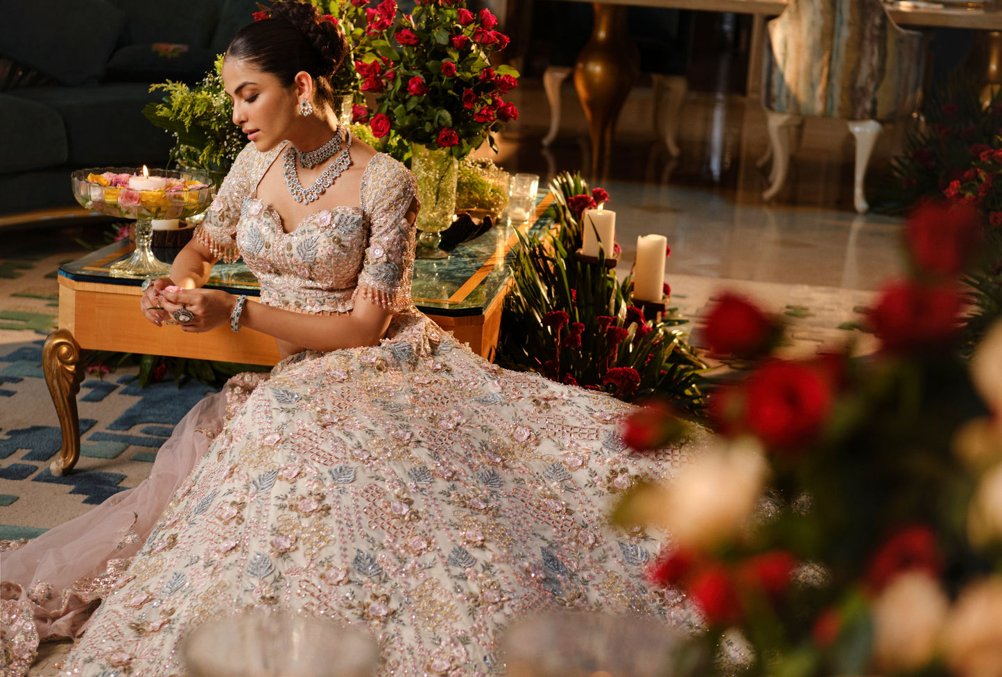 3D Embriodered Offwhite Floral Lehenga