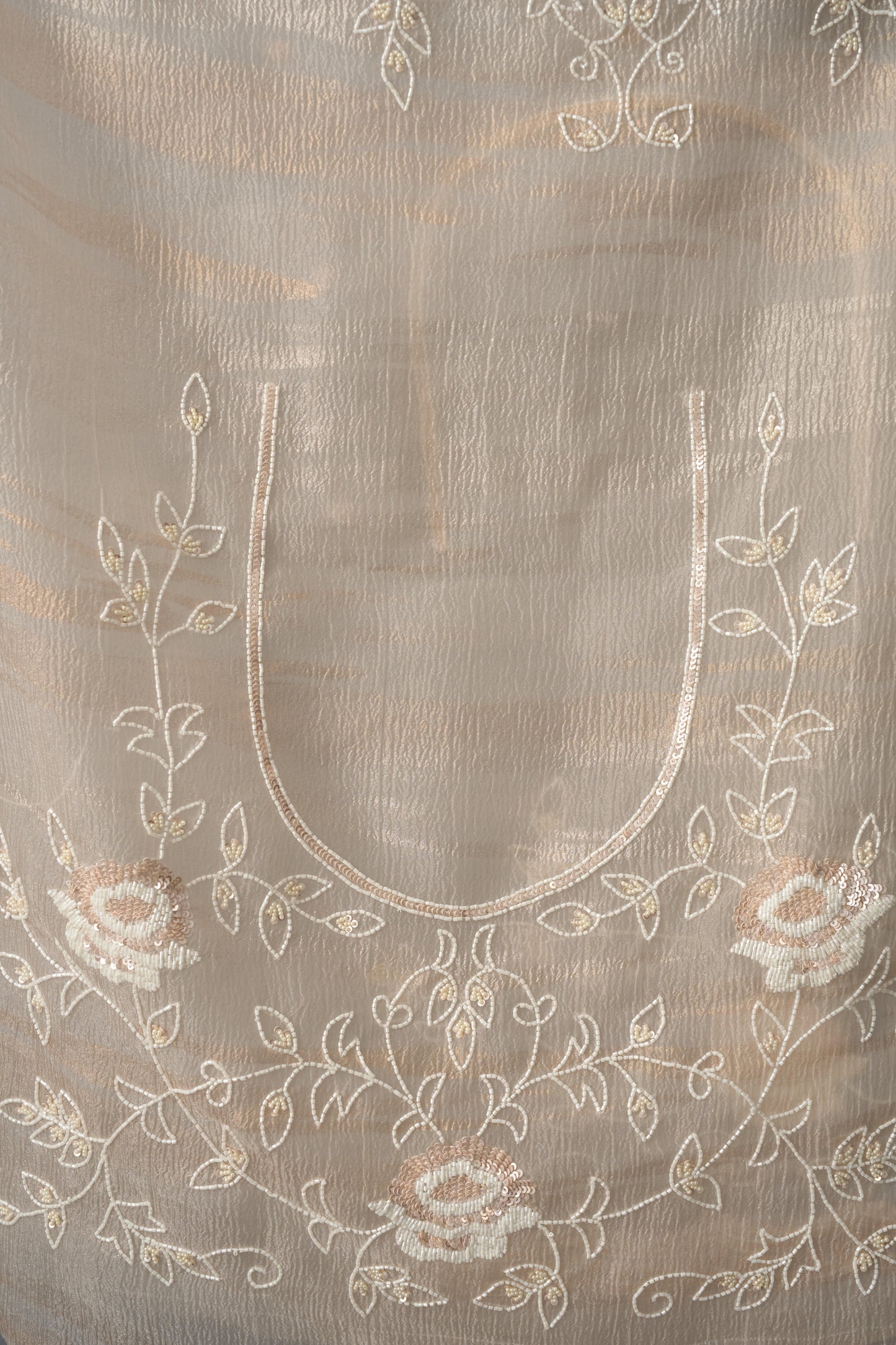 Light Beige Crushed Tissue Saree With Pearl and Sequins Handwork