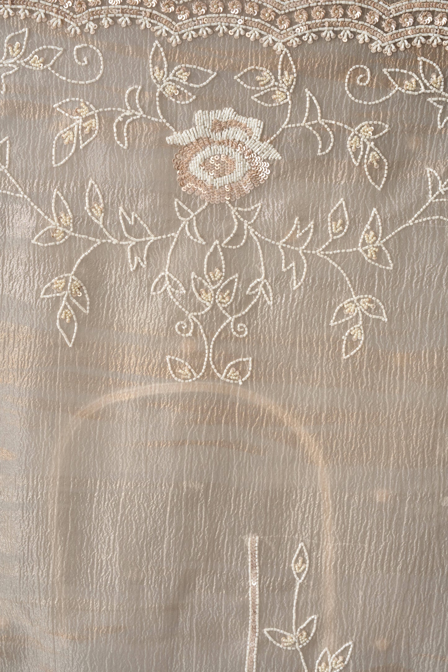 Light Beige Crushed Tissue Saree With Pearl and Sequins Handwork