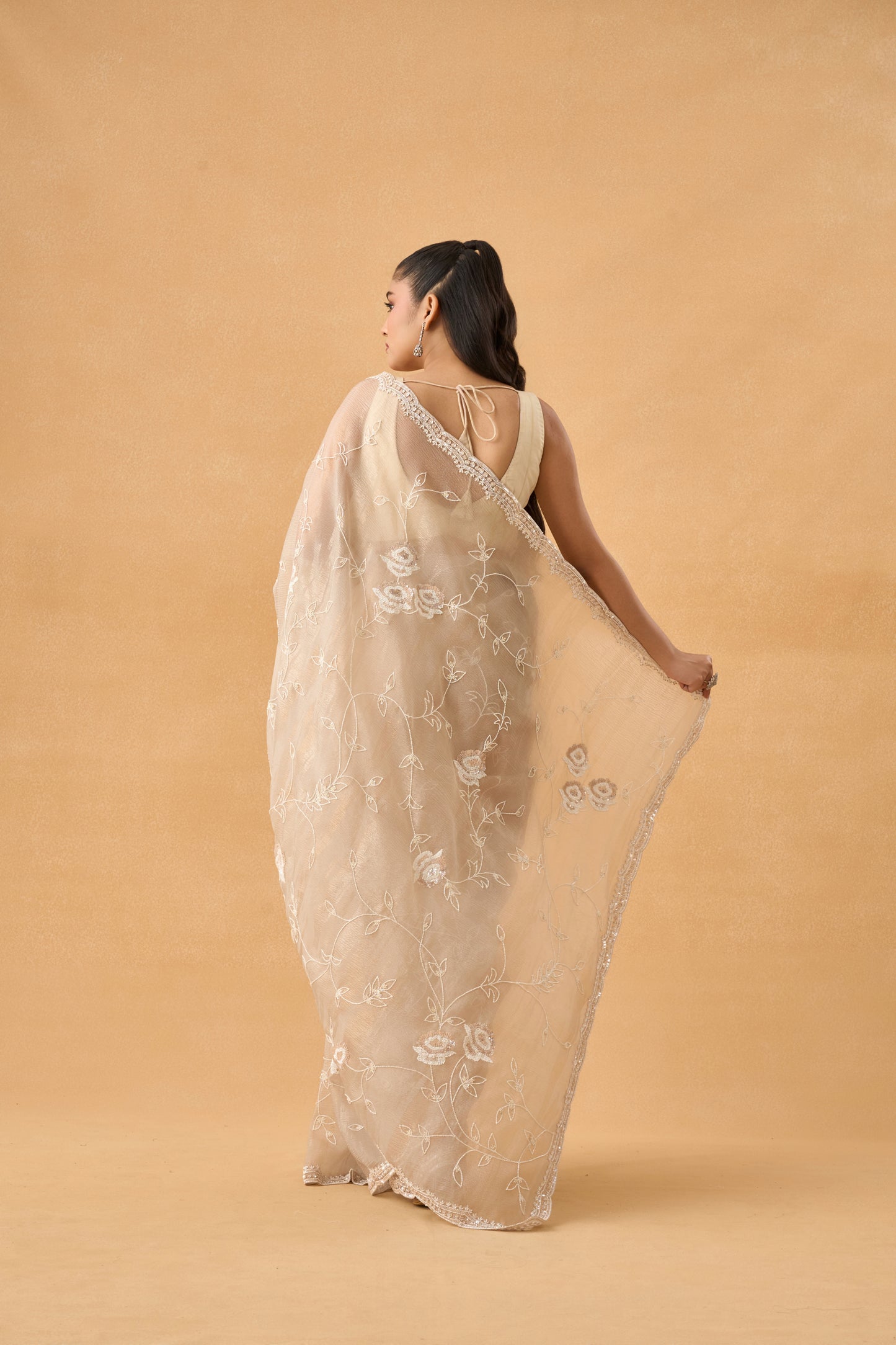 Light Beige Crushed Tissue Saree With Pearl and Sequins Handwork