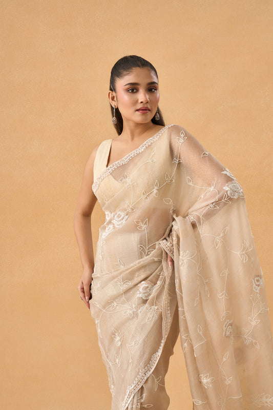 Light Beige Crushed Tissue Saree With Pearl and Sequins Handwork