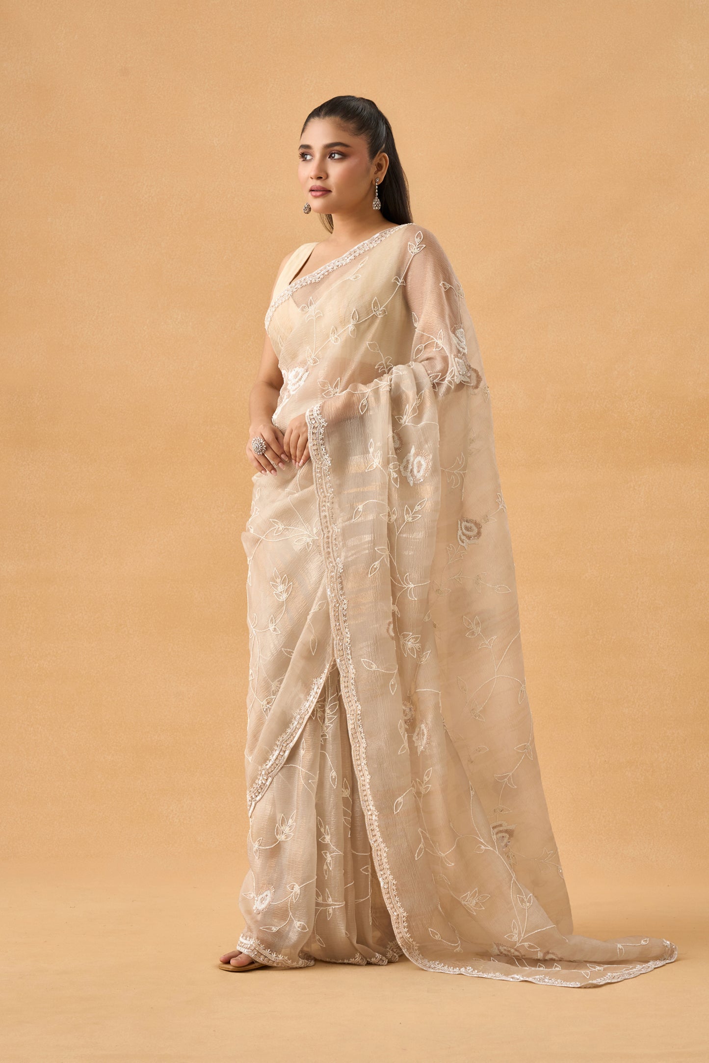 Light Beige Crushed Tissue Saree With Pearl and Sequins Handwork