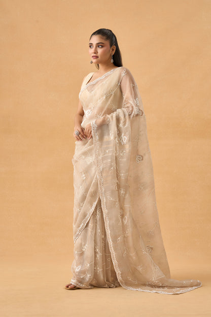 Light Beige Crushed Tissue Saree With Pearl and Sequins Handwork