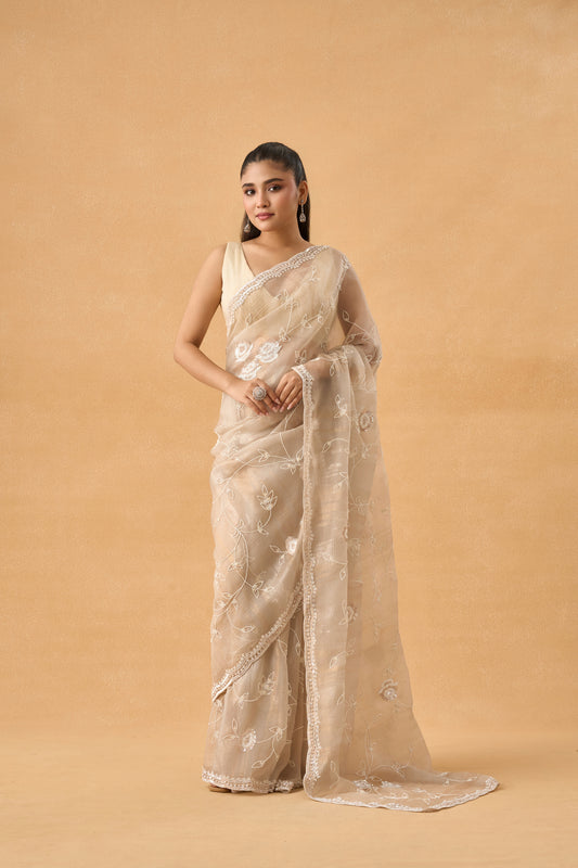 Light Beige Crushed Tissue Saree With Pearl and Sequins Handwork