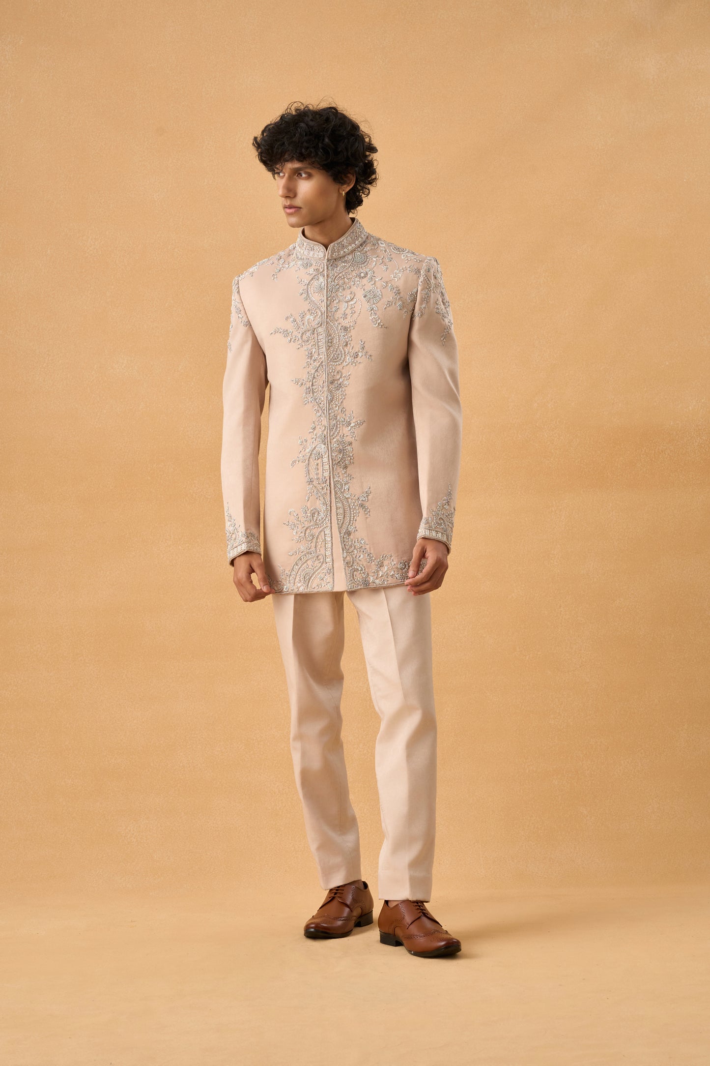 Light Beige Bandhgala In Suede