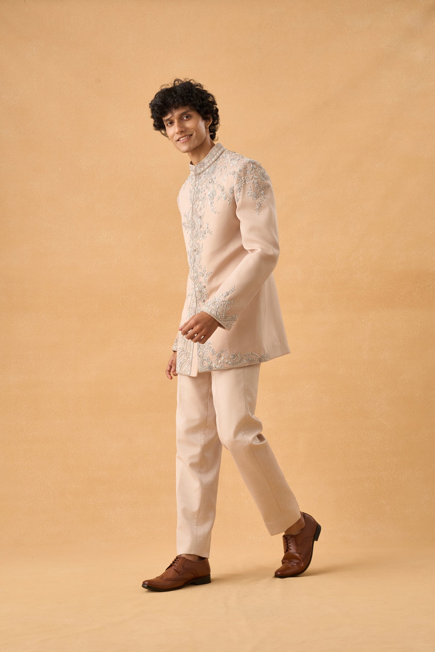 Light Beige Bandhgala In Suede