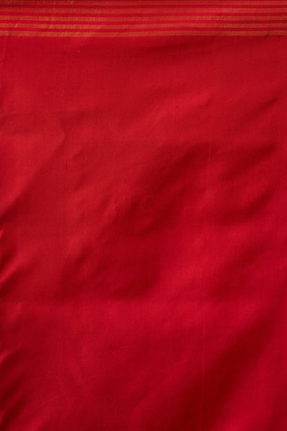 Crimson Red Patola Silk Weave Saree With Golden Zari Piping