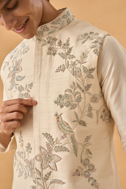 Cream Kurta Bandi Set In Raw Silk