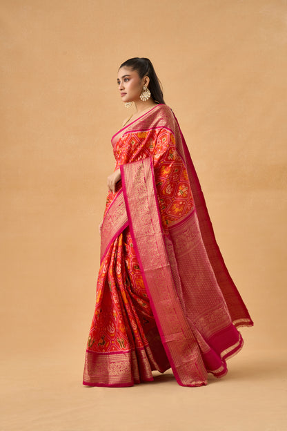 Orange Patola Silk Heritage Saree With Banarasi Border