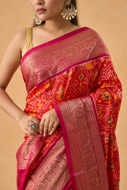 Orange Patola Silk Heritage Saree With Banarasi Border