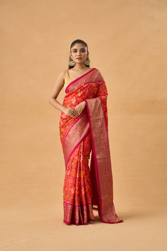 Orange Patola Silk Heritage Saree With Banarasi Border