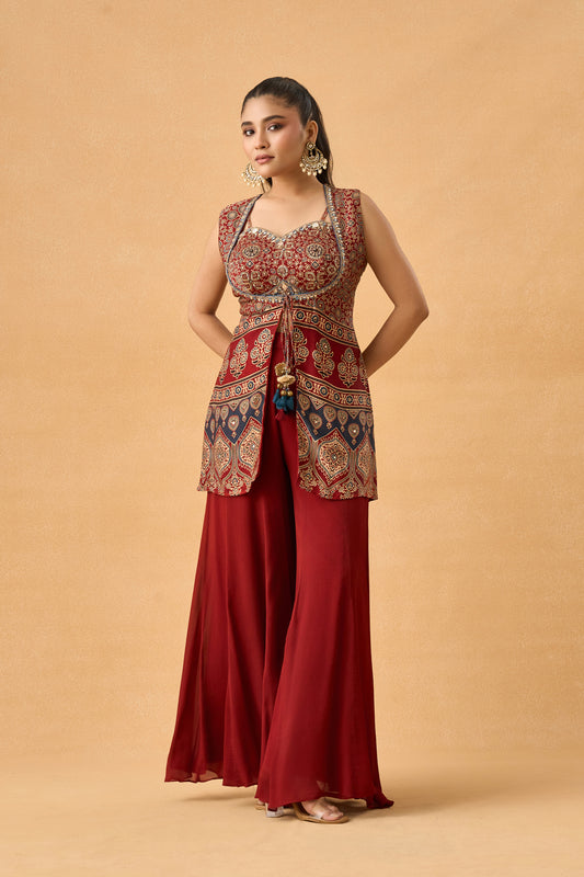 Ajrakh Print Gajji Silk Indowestern Palazzo Set
