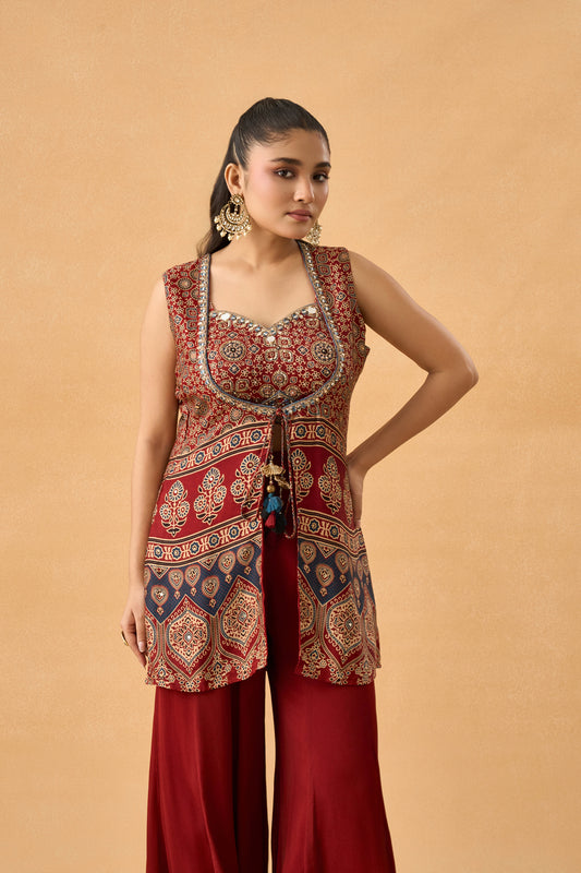 Ajrakh Print Gajji Silk Indowestern Palazzo Set