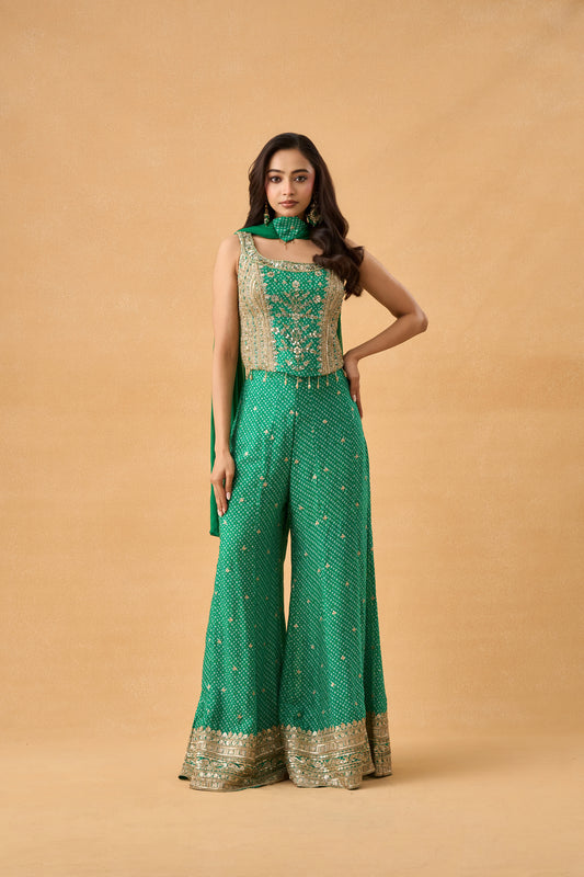 Green Bandhani Indowestern Palazzo Set