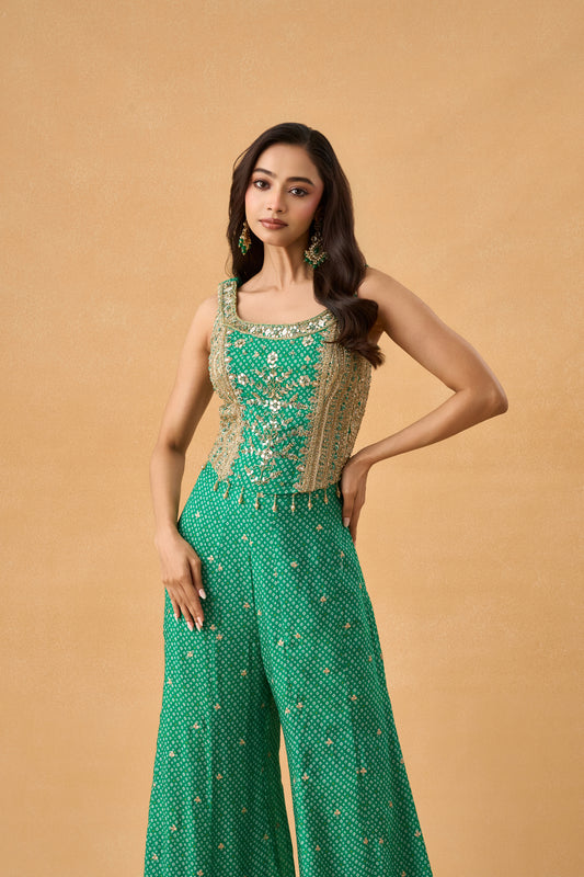 Green Bandhani Indowestern Palazzo Set