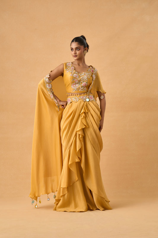 Yellow Tissue Indowestern Drape Set