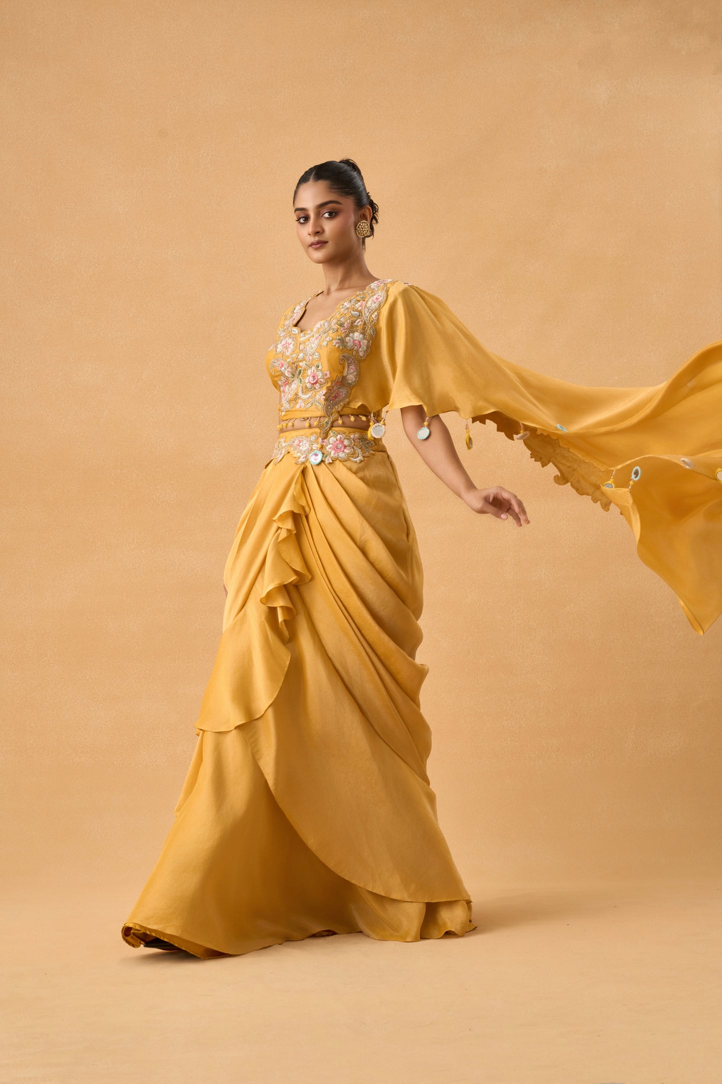 Yellow Tissue Indowestern Drape Set