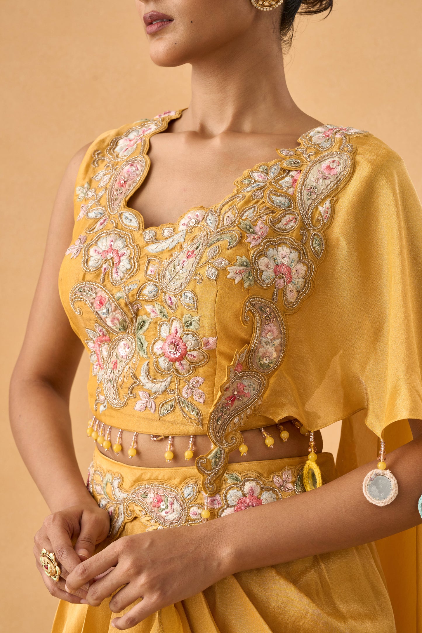 Yellow Tissue Indowestern Drape Set