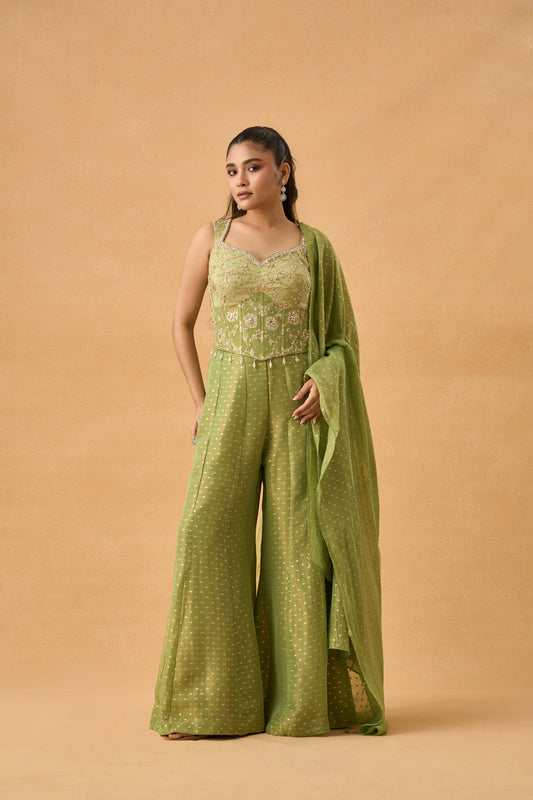 Green Tissue Weave Indowestern Palazzo Set