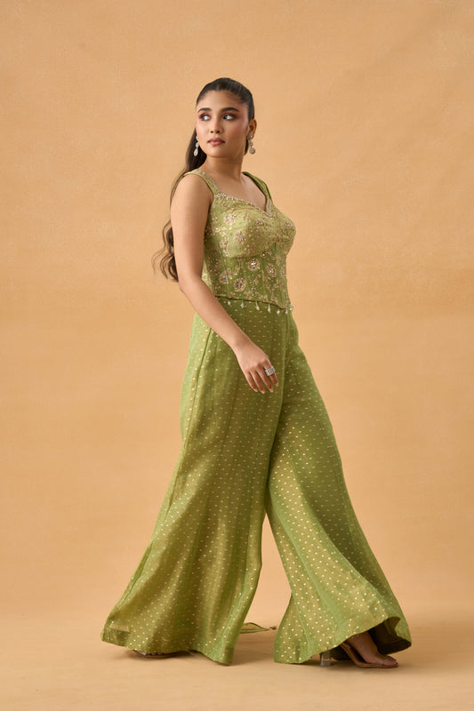 Green Tissue Weave Indowestern Palazzo Set