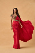 Scarlet Red Satin Drape Saree Set With Jadau Blouse
